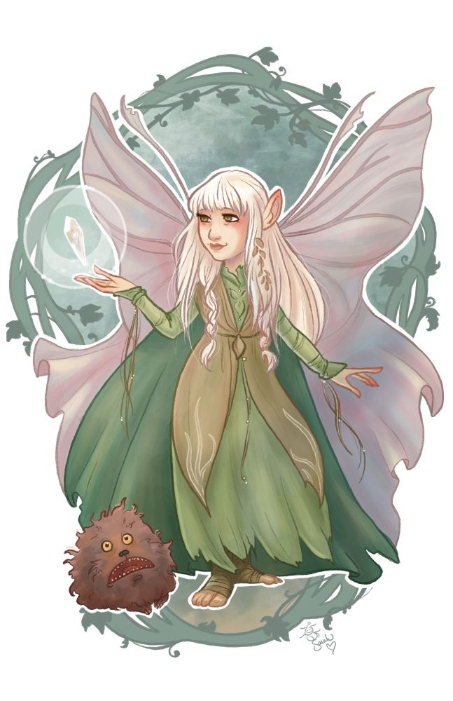 An art nouveau style illustration of Kira from The Dark Crystal. She holds the Crystal shard in her hand, as Fizgig screams at her feet. 