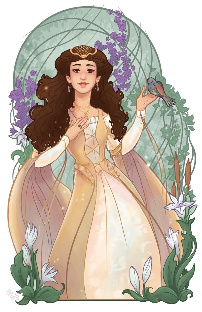 An art nouveau style illustration of Lily from the movie Legend. She wears her golden princess dress, touching her necklace charm of light, surrounded by the vibrant flowers of spring, with a bird in her hand.