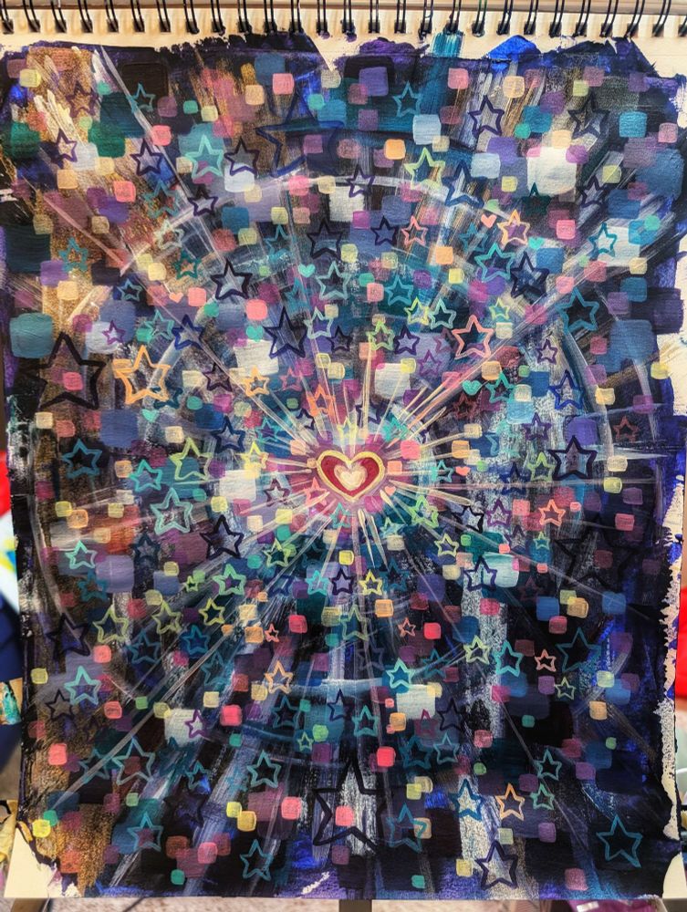 An almost abstract painting of a starburst with a small heart in the middle. Lots of pixels and stars radiate around the heart, as well as ripples, or halos of light. 