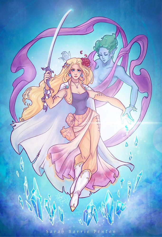 A pinup of Celes from FFVI, in a powerful stance, holding her runic sword high, casting ice magic while Shiva hovers behind her and guides her hand. 