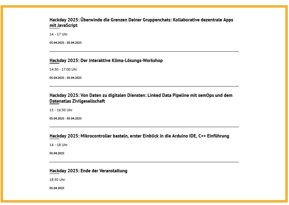 Programmübersicht des zweiten Hackday-Tages in Moers.