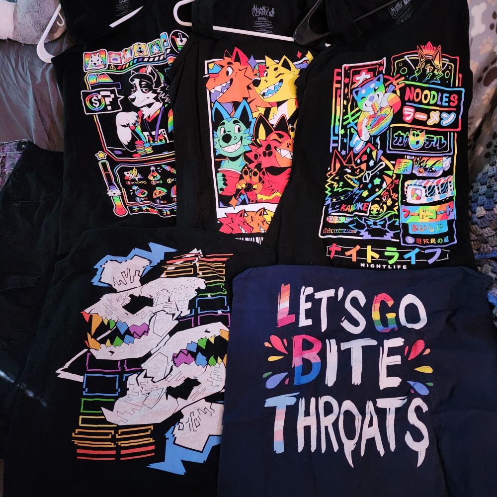 A collection of pride-themed tank tops. The top three are Rainbow Capitalism, Pawloroid, and Nightlife from Nomad Complex, bottom left is Glitchwave by Hyena Agena, and bottom right is "Lets Go Bite Throats" from Lacey.
