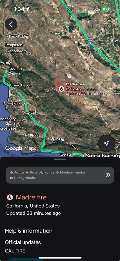 Google map showing 7/7/2025 Madre Fire in Los Padres Natl Forest in San Luis Obispo County 30%contained of an 80K acre fire 