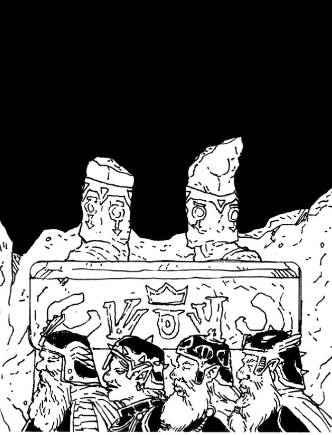 Dwarves travels in front of a broken statue where in the legs remain