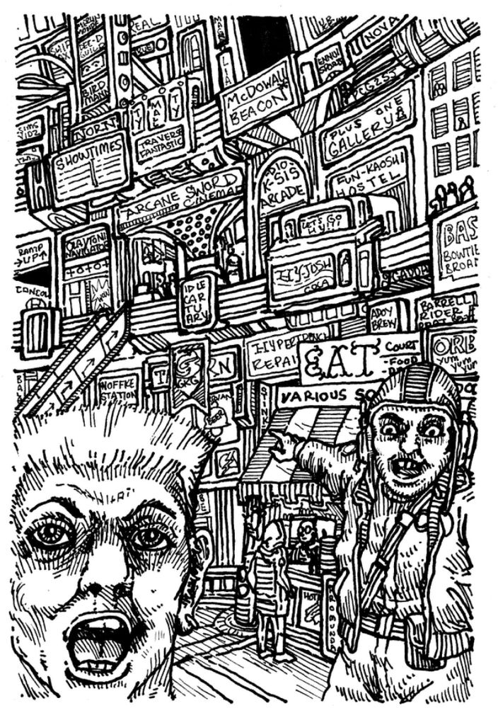 Two memeworthy space knuckleheads point at a smorgasbord of a space station mall with like 300 stores in frame. Maybe less