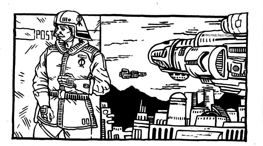 Man in uniform monitors a post near a busy spaceport