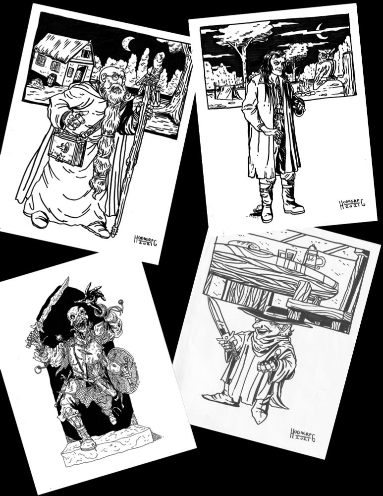 4 simple illustrations of figures with limited background illustrations. One is a Skellingtom