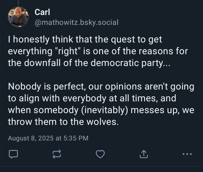 I honestly think that the quest to get everything "right" is one of the reasons for the downfall of the democratic party...

Nobody is perfect, our opinions aren't going to align with everybody at all times, and when somebody (inevitably) messes up, we throw them to the wolves.