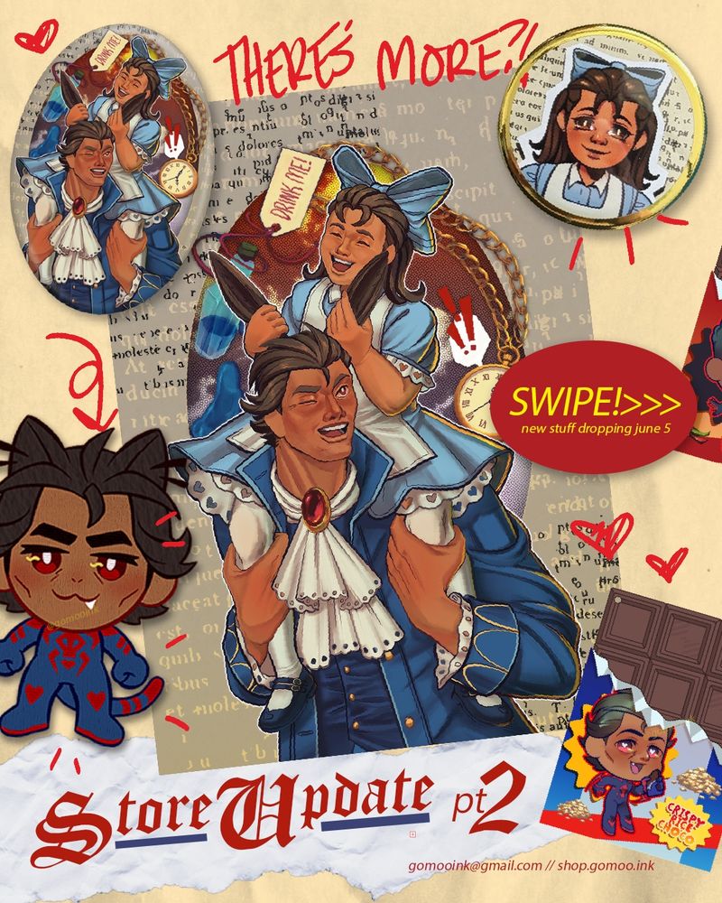 Assorted Goods from my shop put together like a haphazard scrap book. In Red calligraphy writing towards the bottom on a ripped piece of paper reads “Store Update pt2” with a small red bubble with yellow text reading “new stuff dropping june 5”, encouraging the reader to swipe for more