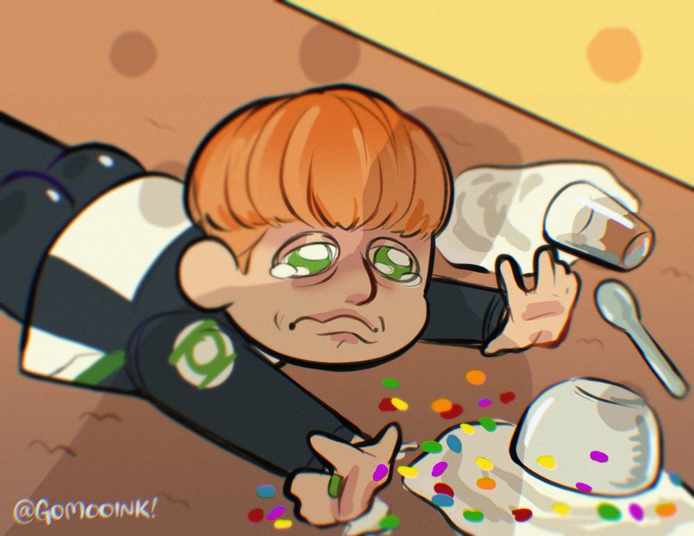 guy gardner spilling his fruity pebbles. he looks pathetic on the floor, milk and fruity pebbles cereal a mess in front of him. mister terrific is standing above him (his shadow only visible) with his t spheres floating near him