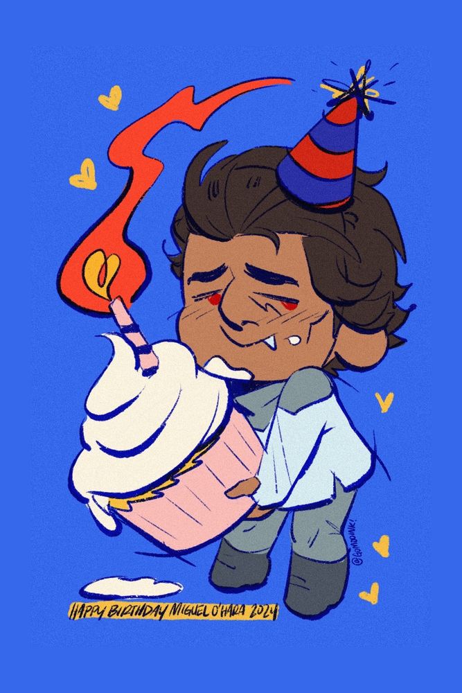 ✏️ - chibi miguel looking bashful in his civilian clothes and party hat holding a giant vanilla cupcake with dripping icing and a lit candle