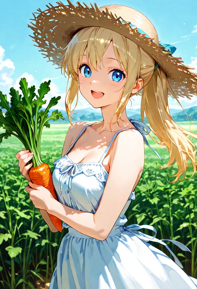 野菜を収穫している少女のイラスト