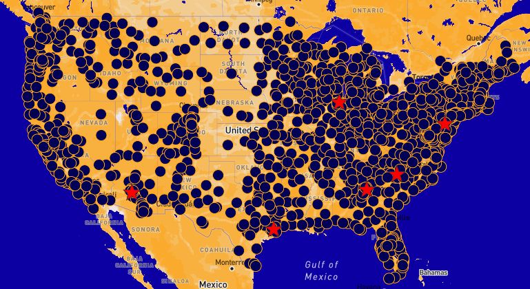 map of the united states black with dots of protests in places both big and small