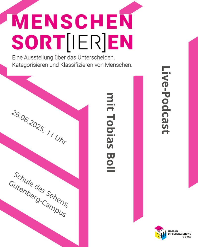 Plakat: Menschen Sort[ier]en. Eine Ausstellung über das Unterscheiden, Kategorisieren und Klassifizieren von Menschen. Live Podcast mit Tobias  Boll, 26.6. 11 Uhr, Schule des Sehens, Gutenberg-Campus