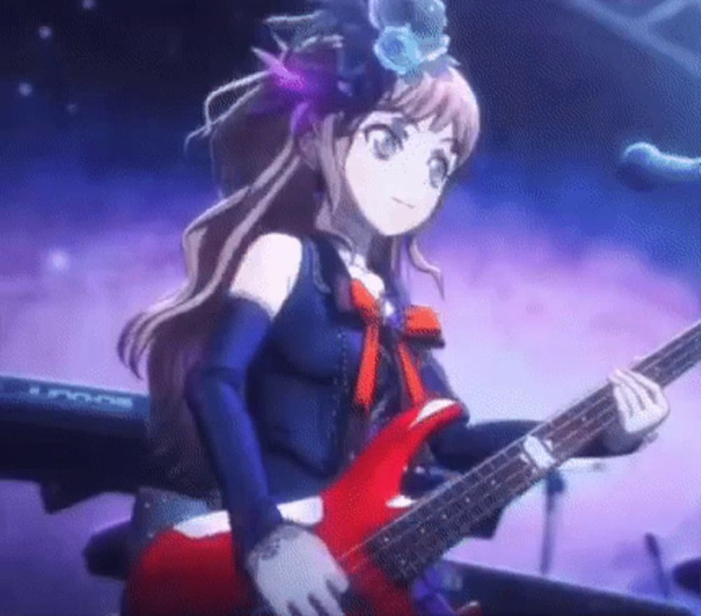 a girl in an anime is playing a red guitar on a stage .