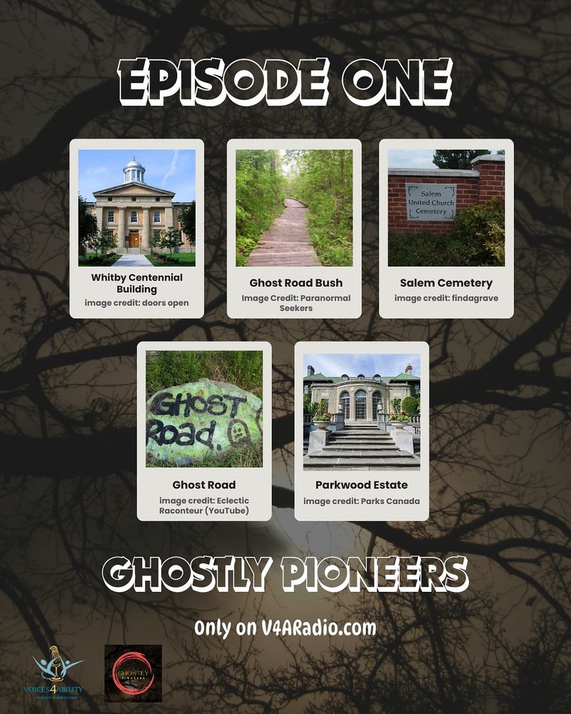 A graphic with a bunch of different pictures of locations that are known to be haunted. And with the words Episode One, Ghostly Pioneers. 