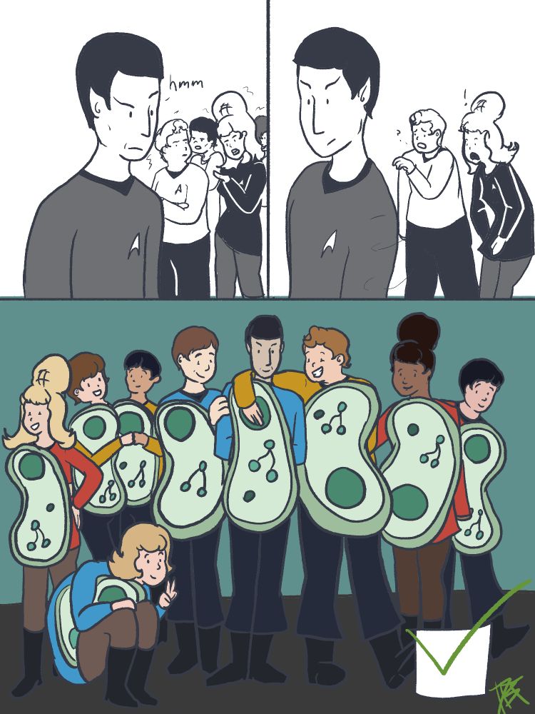 Page 4. Panel 1 Spock has an eyebrow raised and text that says hmm. Kirk and Rand are concerned and talking behind him. Everyone is in regular uniforms again. Panel 2 Spock turns away from Kirk and Rand and they react with sadness and surprise. Panel 3. Full color panel of the whole enterprise bridge crew with green single cell organism costumes on over their uniforms. Left to right it is Rand, Chapel, Chekov, Sulu, bones, Spock, Kirk, Uhura and Scotty. There is a check mark in the corner. Comic ends.