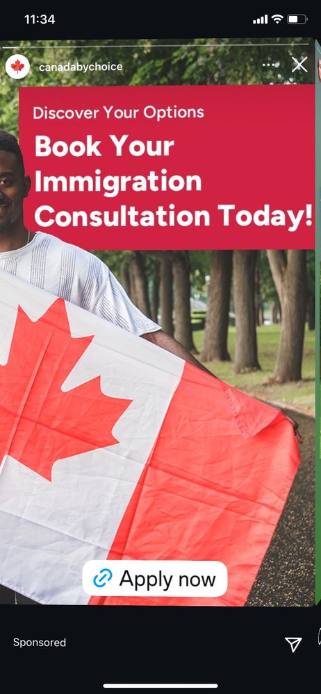 A man holding a Canadian flag under the words “Discover your options. Book your immigration consultation today!” 