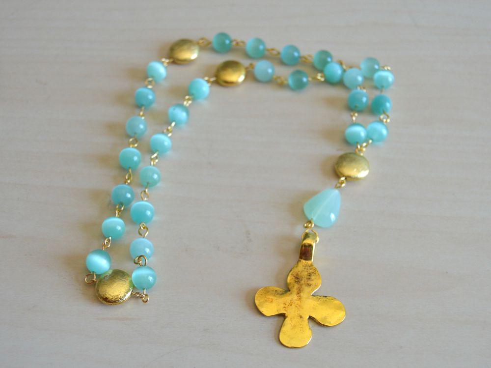 Episcopal prayer beads in aqua and gold. 