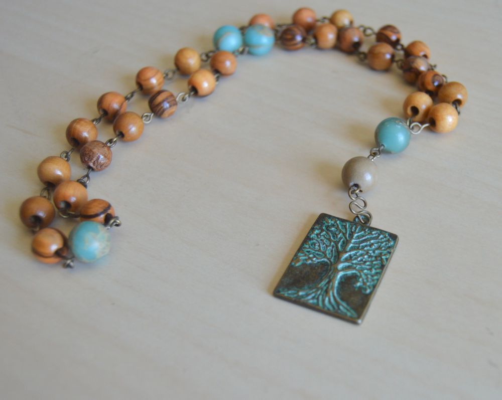 Anglican Prayer beads of olive wood weeks and teal jasper cruciform with antiqued verdigris brass tree of life focal