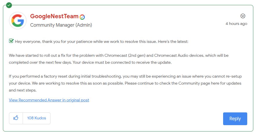 A screenshot of Google responding that they have a fix rolling out. However if you did a factory reset, you may have problems re-setting up the device. They are working on a fix for that. 