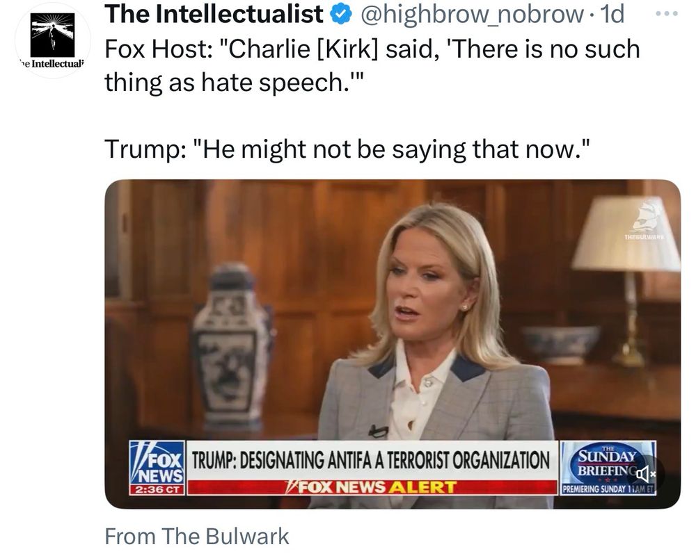 Fox Host: "Charlie [Kirk] said, 'There is no such thing as hate speech.""
Trump: "He might not be saying that 