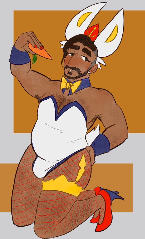 Chairman Rose from pokémon sword and shield in a cinderace bunny suit. he's kneeling and holding a carrot