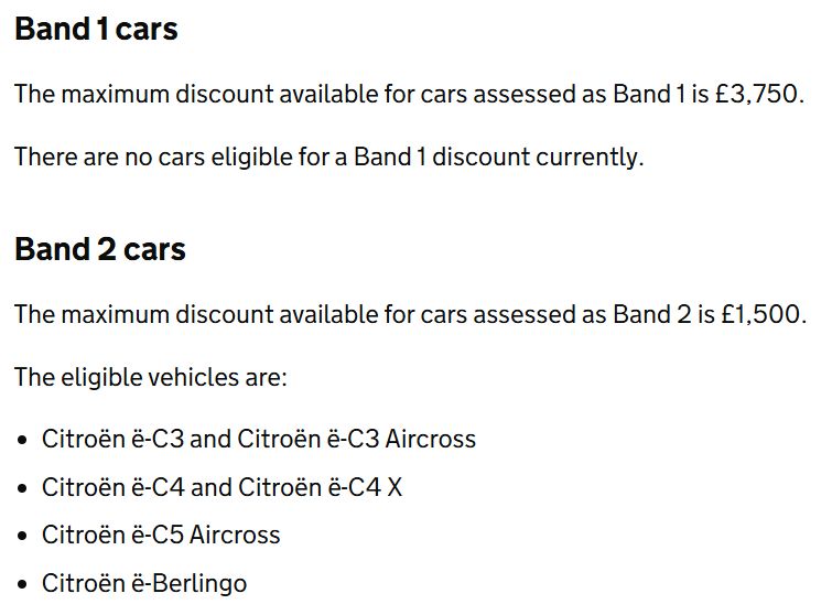 Band 1 cars
The maximum discount available for cars assessed as Band 1 is £3,750.

There are no cars eligible for a Band 1 discount currently.

Band 2 cars
The maximum discount available for cars assessed as Band 2 is £1,500.

The eligible vehicles are:

Citroën ë-C3 and Citroën ë-C3 Aircross
Citroën ë-C4 and Citroën ë-C4 X
Citroën ë-C5 Aircross
Citroën ë-Berlingo