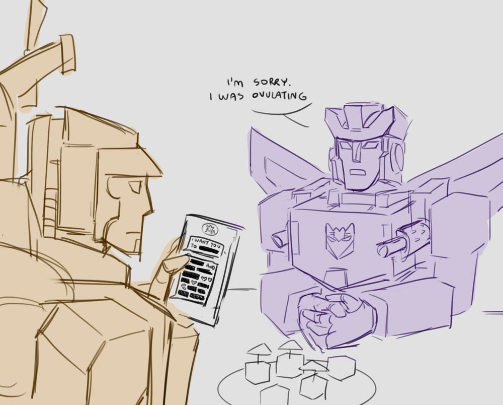 sandstorm and octane are on a dinner date. An unamused sandstorm reads very long and very censored texts from octane. "I'm sorry. I was ovulating." says octane across the table.