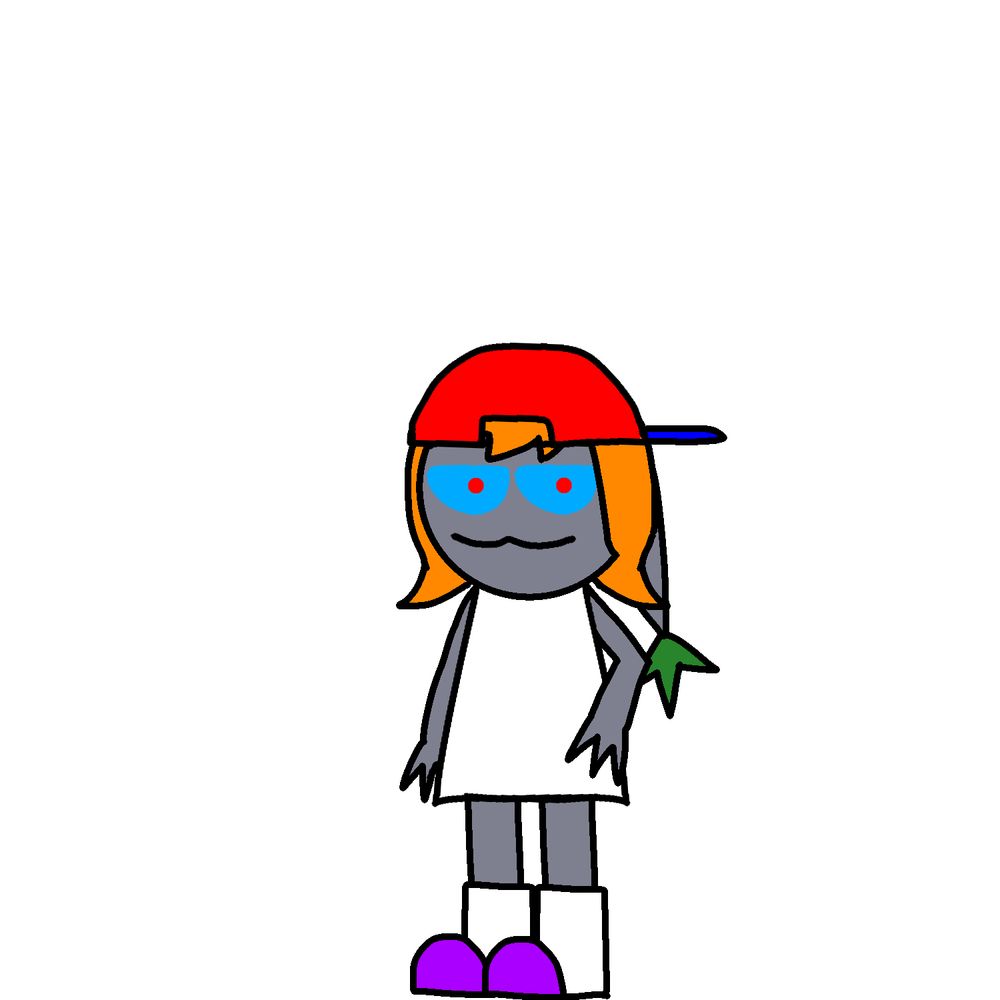 A humanized rock Pikmin with orange hair, a red hat with a blue brim, and a white dress. She’s turned to her right a little bit but still facing the screen