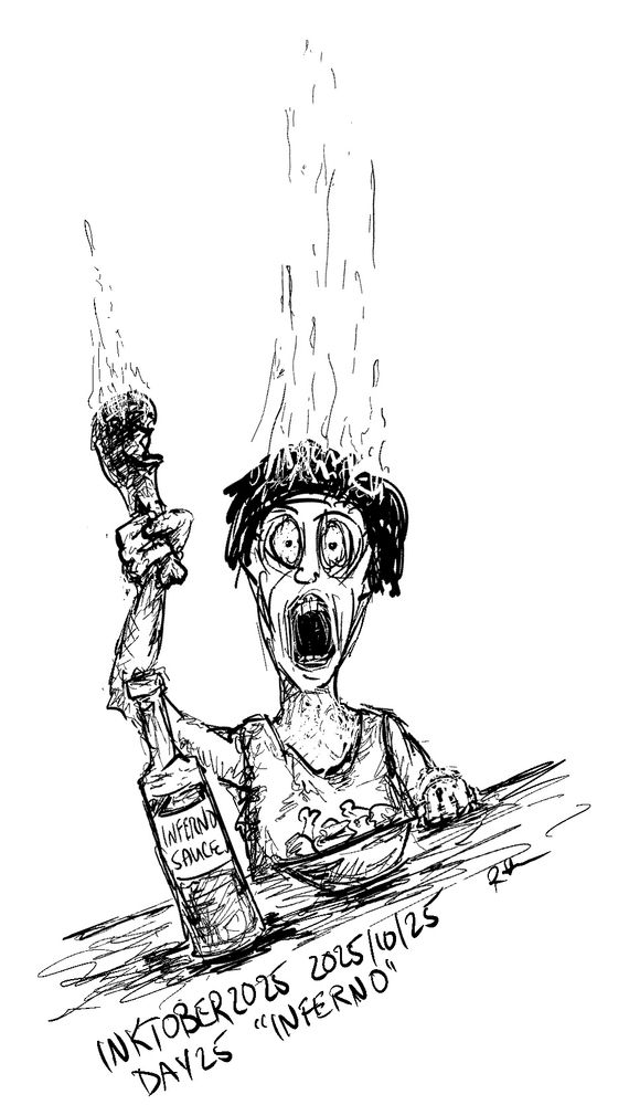 Drawing of a person eating very hot chicken wings.  The drumstick they are holding appears to be on fire.  So does their hair.  Which probably explains the bug-eyes and screaming mouth.  There is a bottle of hot sauce labelled, "Inferno Sauce".