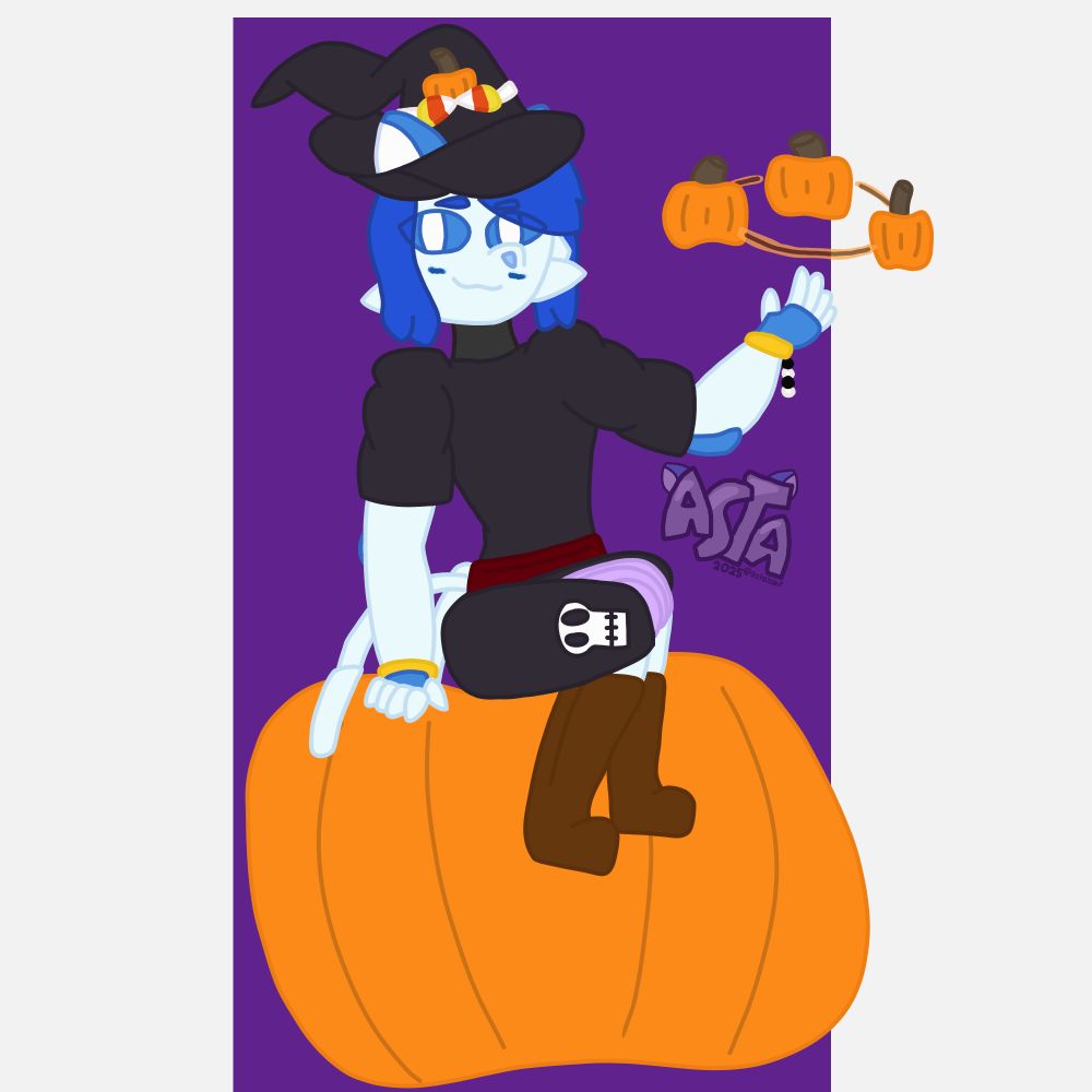 [Feed: art] Castle in a witch costume sitting atop a pumpkin. She is suspending 3 pumpkins in the air with mysterious majik