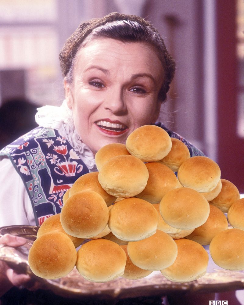 Mrs Overall, wearing a tabard as usual, carries a tray piled high with white bread rolls. “72 baps, Connie – you slice, I'll spread,” is a classic Victoria Wood line that sums up the British response to death and funerals.