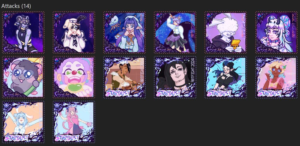 Screenshot of my Art Fight profile showing I have made 14 attacks in total, most of them being very purple.