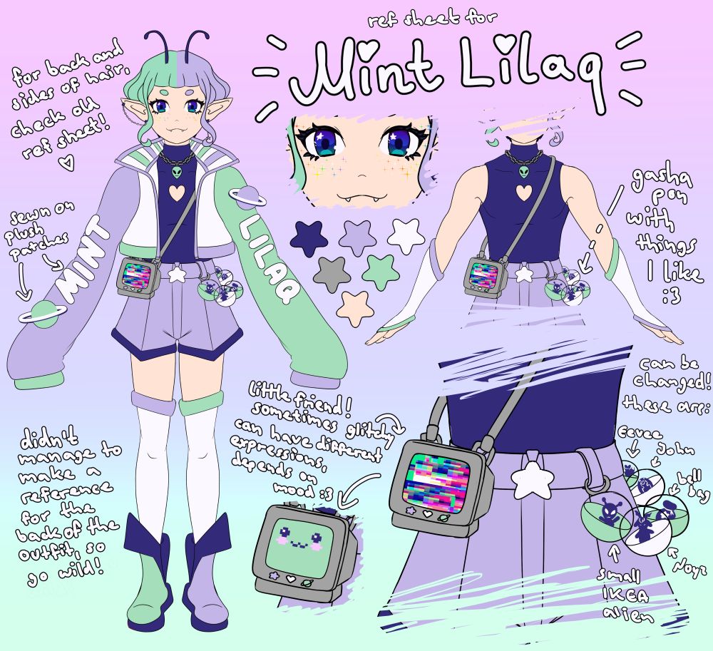 A digital drawing showing Mint, an androgynous humanoid alien, wearing a tight, sleeveless, indigo turtleneck with a heart cutout on his chest, a bulky cropped jacket in white, mint and lilac with oversized sleeves, short lilac shorts, white socks and big mint, lilac and indigo boots. He carries a small but bulky silver computer monitor like a crossbody bag and has a chain off gashapon capsules on his belt loop.