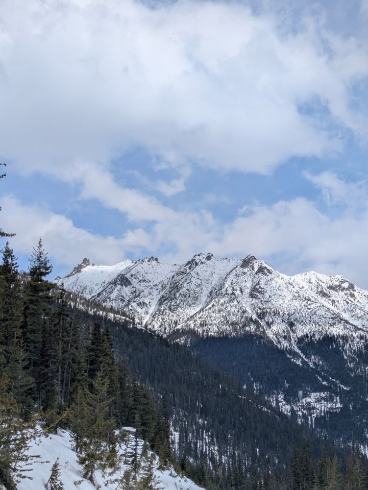 Snow covered mountain ridge.