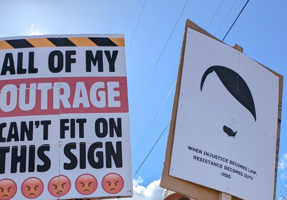 Two protest signs are depicted against the blue sky. One states "All of my outage can't fit on this sign" and is underscored by a line of angry faced emojis. The other sign quotes Ruth Bader Ginsburg, stating "When injustice becomes law, resistance becomes duty." Above the quote a small black map of the United States represents Hitler's mustache on a charicature of Hitler.