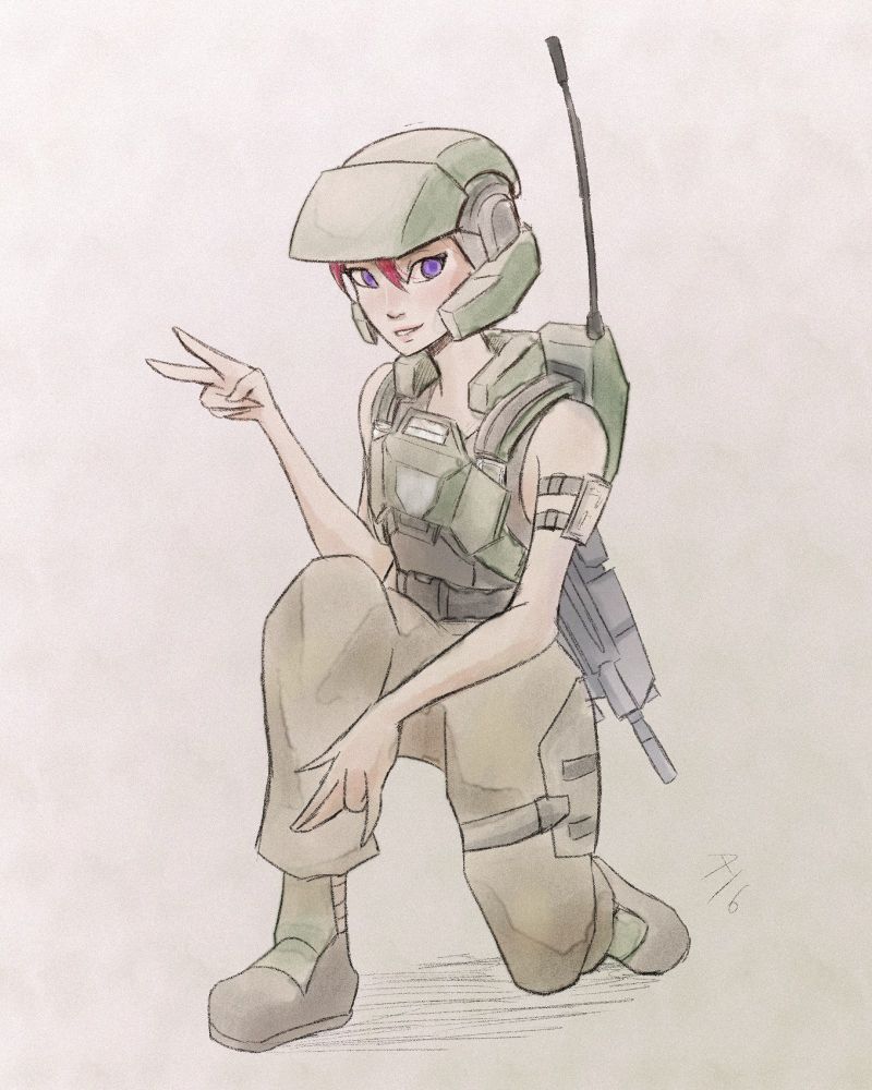 A halo marine takes a knee and flashes a peace sign.
