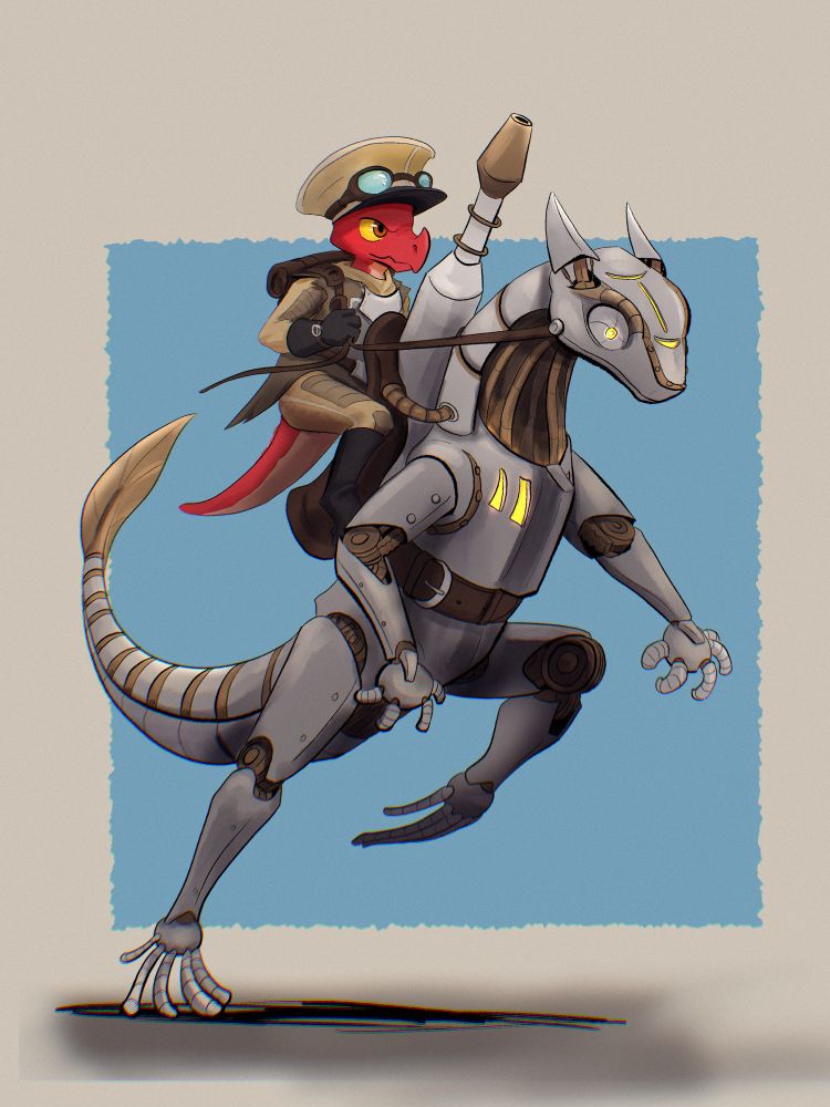A drawing of a kobold riding a mechanical lizard.