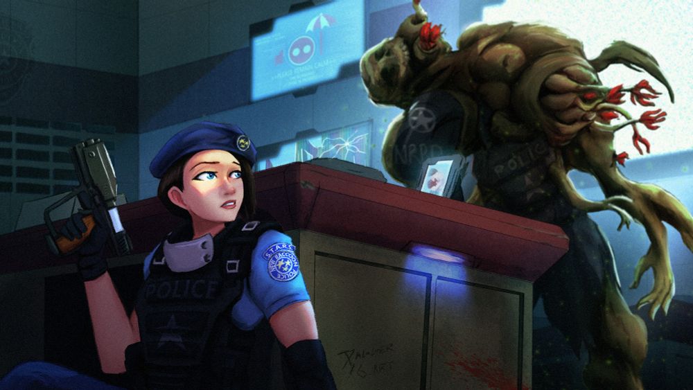Jill from resident evil faces off against a Flood infection form in a dark office with tv screens.