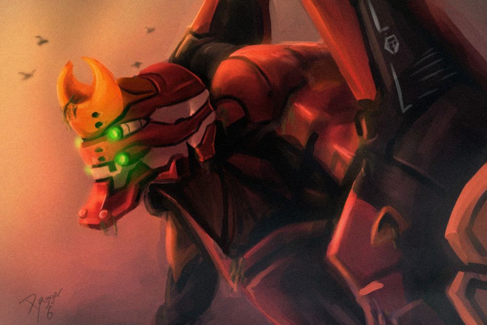 Eva unit 02 from Evangelion at sunset.