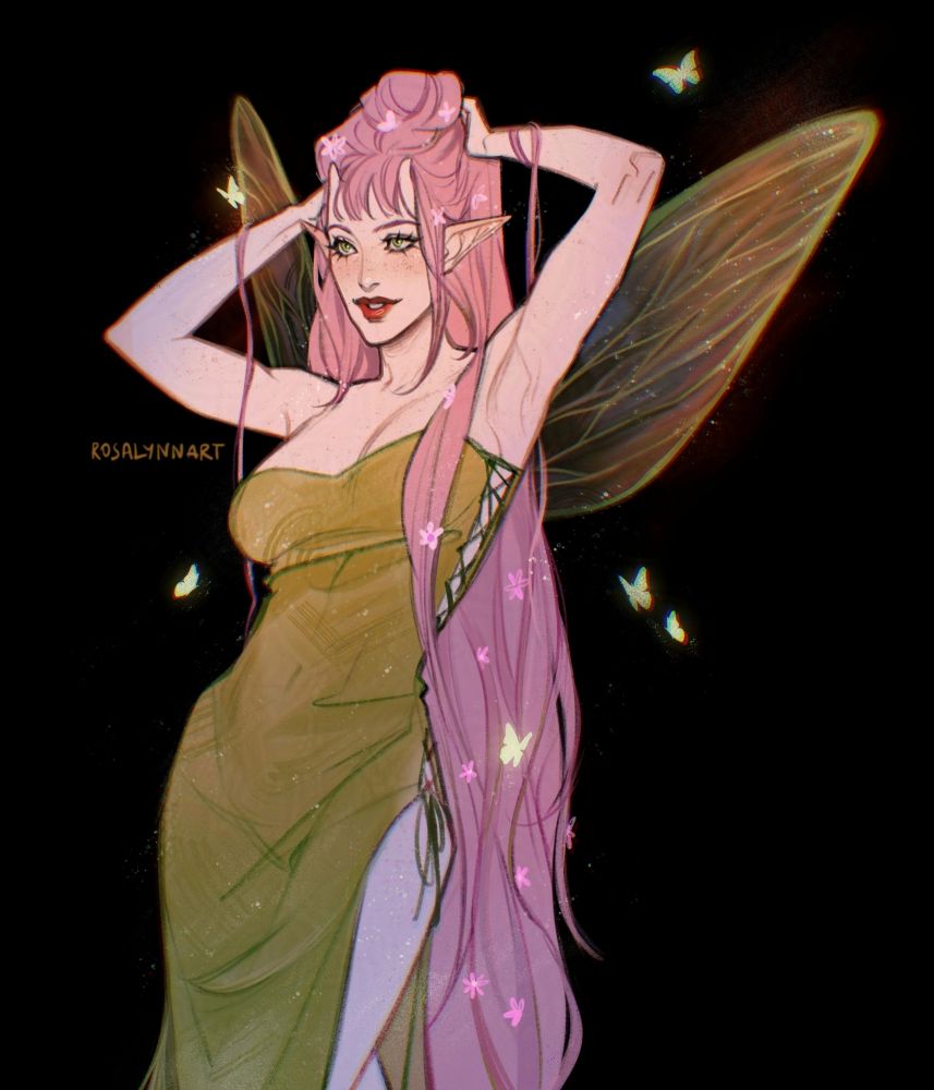 A woman with fair skin and looong pink hair with bangs and two small round horns, elf ears and bright green eyes, fairy wings, wearing a slightly transparent yellow-green topless dress