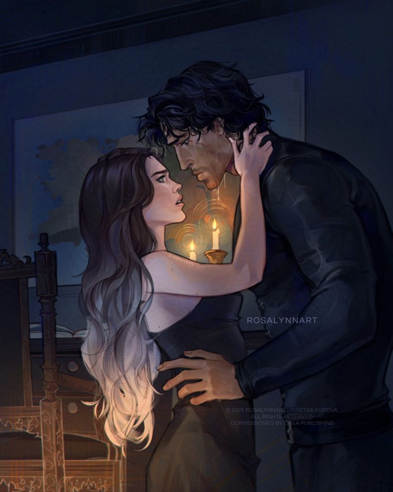 (close-up) A woman with long brown hair, fading to silver, pale skin and light hazel eyes, wearing a nightgown and a man wet from rain with semi-short black hair and black leather outfit, with dark eyes and tawny skin, staring into eachother. The woman's hand is on his neck and they're in a dark bedroom with only candlelight 