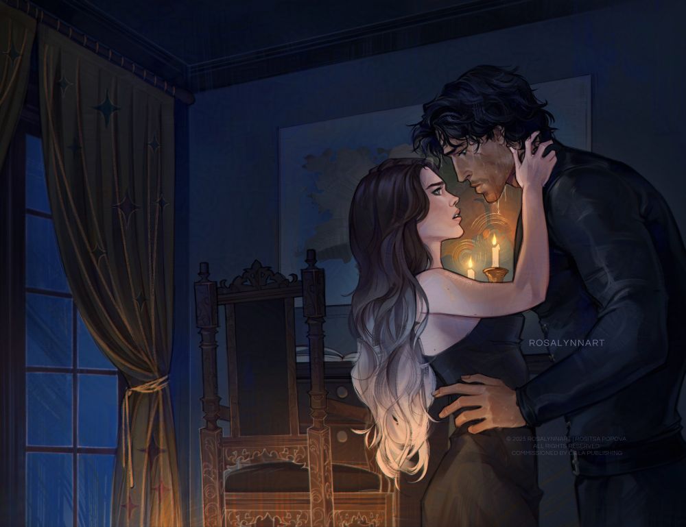 A woman with long brown hair, fading to silver, pale skin and light hazel eyes, wearing a nightgown and a man wet from rain with semi-short black hair and black leather outfit, with dark eyes and tawny skin, staring into eachother. The woman's hand is on his neck and they're in a dark bedroom with only candlelight 