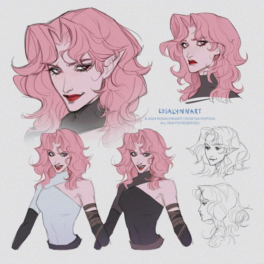 A page with 6 sketches exploring a my dnd character - Nesa's features, focused on the face. She has medium bubblegum pink wavy hair, blue/red eyes and a mischievous gleam in her eyes