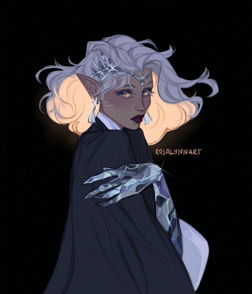 An elf woman with fair skin and white medium short hair, the under of which emits a yellow glow (same as her eyes), with a platinum head piece and earrings, dark robes, white lashes and her hand is made of blue-yish crystals. Black background 