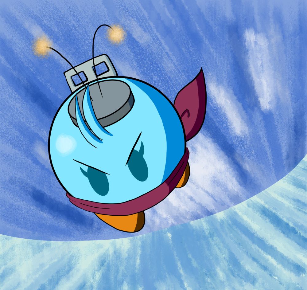 This image shows Boombella charging forward toward the screen. Her fuse is lit up and ready to explode, so watch out! The background is speedy and blue.