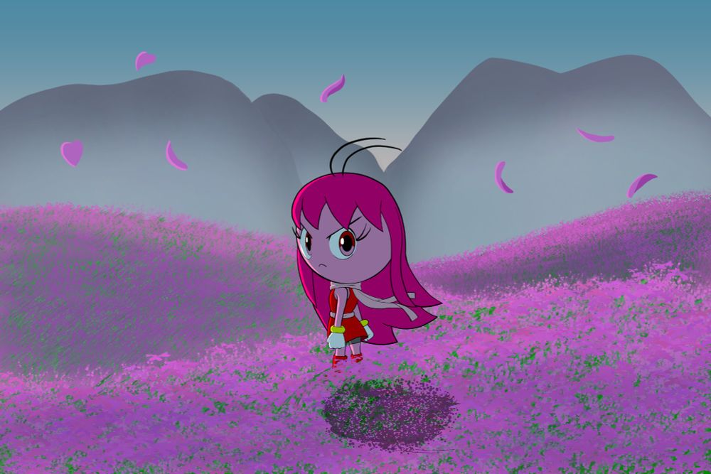 An art piece depicting a character named Berry with a serious expression. There's a background at dawn with pink petals flying in the wind and some mountains in the back.