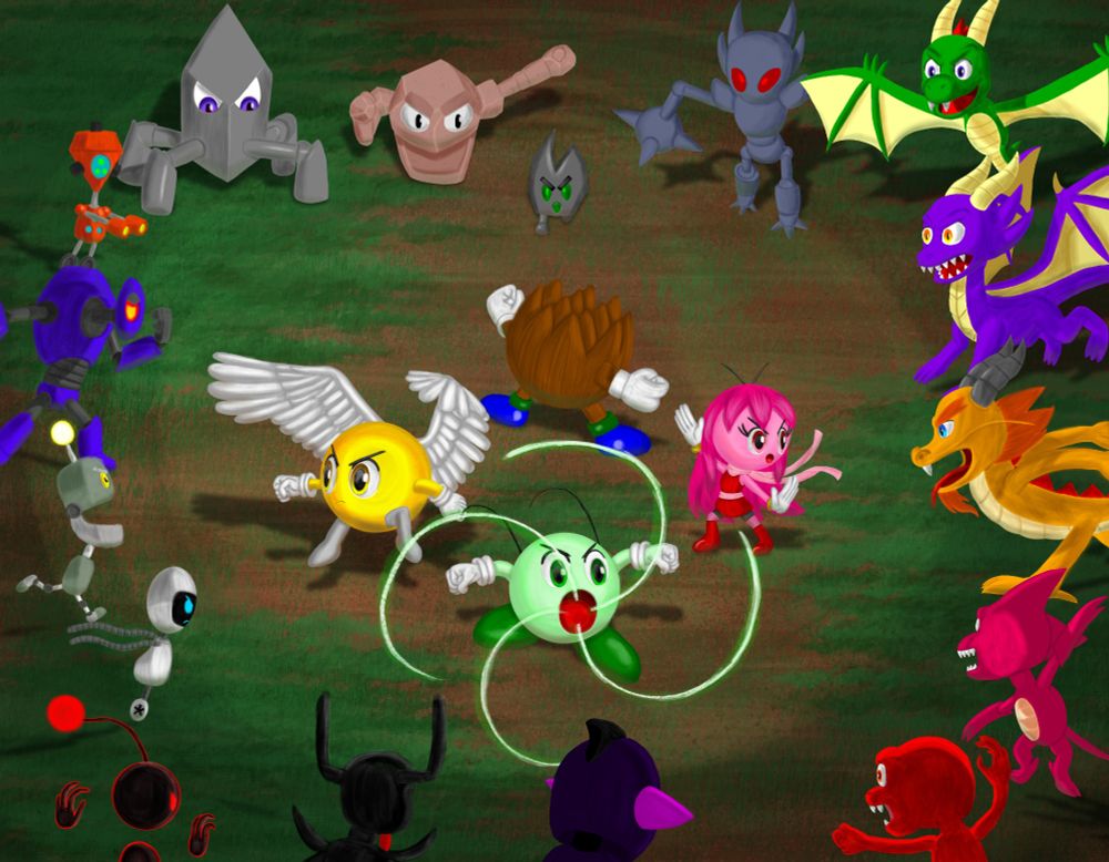 Art inspired by the Four Swords Adventures cover art, featuring my OCs Chopper (green), Flyer (yellow), Berry (pink), and Tamber (brown) surrounded and fighting various enemies