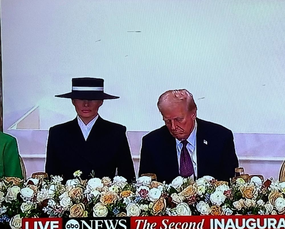 Donald Trump and a version of Melania Trump sit at the inauguration lunch. “Melania” is dressed in a black suit and black hat. The hat covers almost the entire top half of her face. Her eyes are not visible. Donald trump has this dopey look on his face as he contemplates how he’s a criminal and no one loves him. Or maybe he’s thinking about how he wishes McDonalds had catered the food and also no one loves him. Hard to say. 